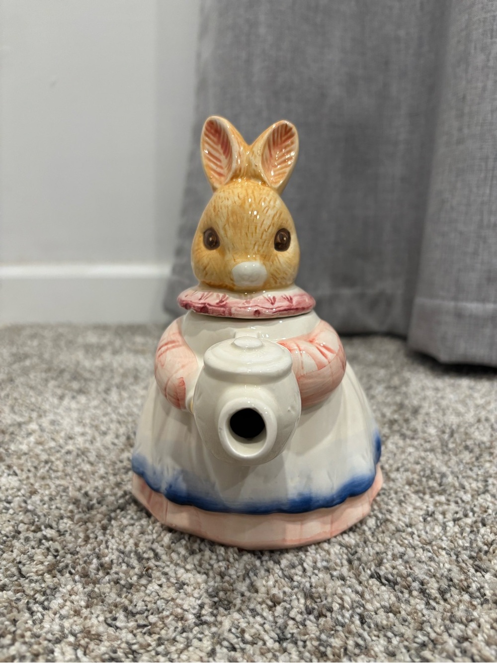 Vintage 1970s Hand Painted Porcelain Takahashi Pink & Blue Bunny Teapot